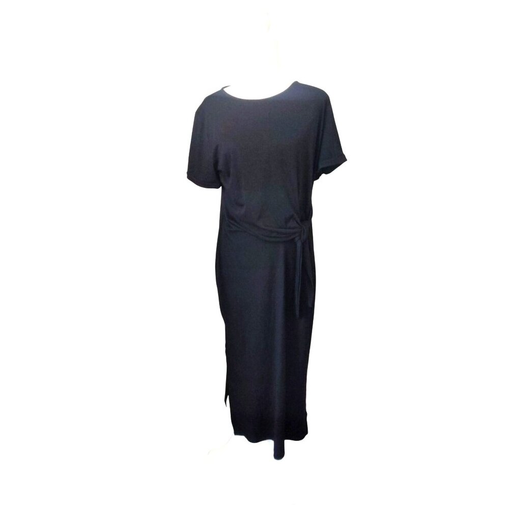 Black Midi Dress With Waist Tie & Short Sleeves - Elegant & Simple Design